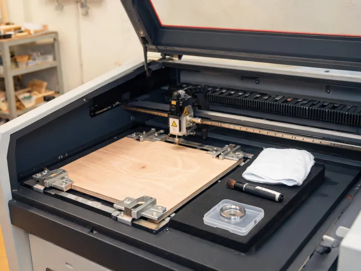 Laser engraver work area prepared with a wood panel
